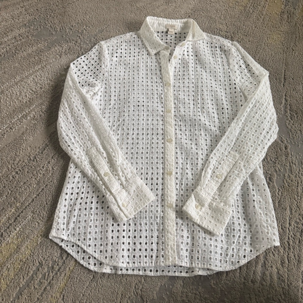 J. Crew white eyelet shirt cutout shirt long sleeve Classic fit cotton small